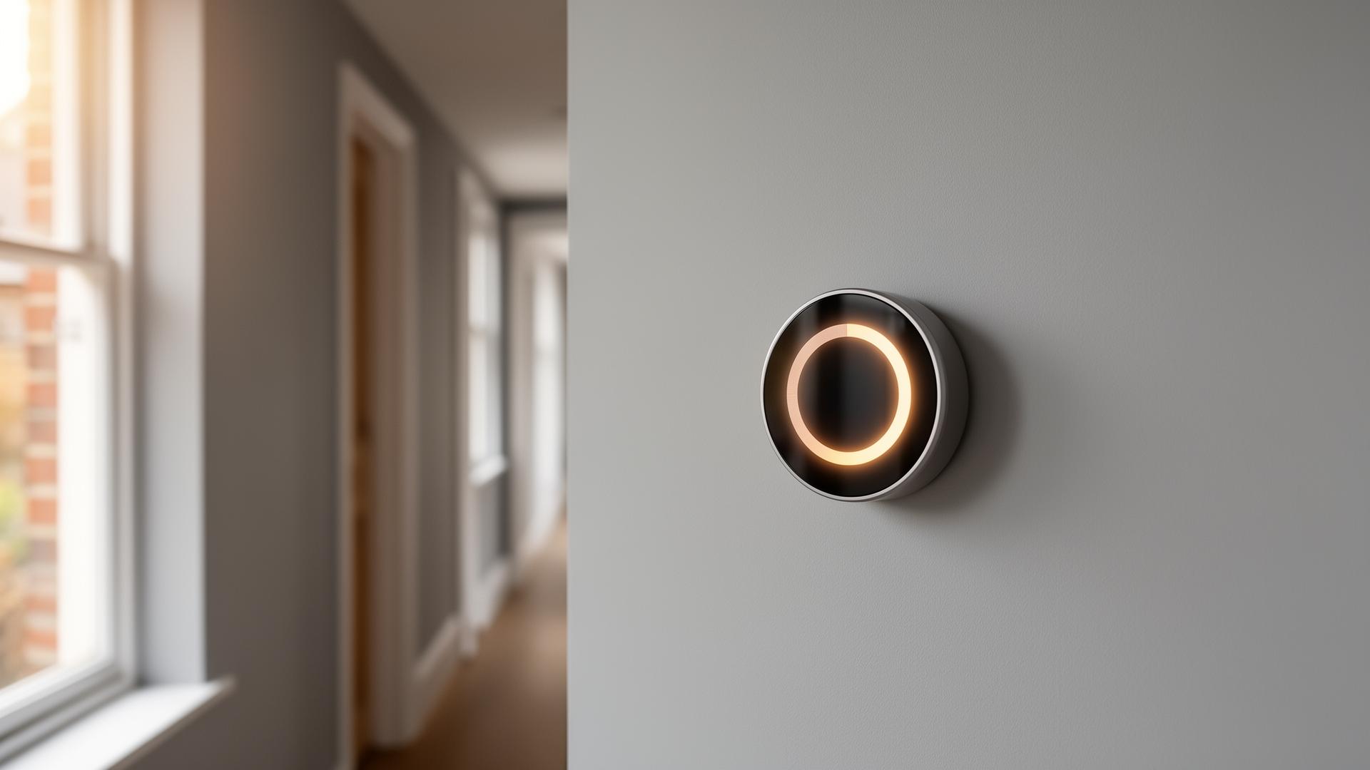 Modern smart heating thermostat installed on a hallway wall in a Surrey home