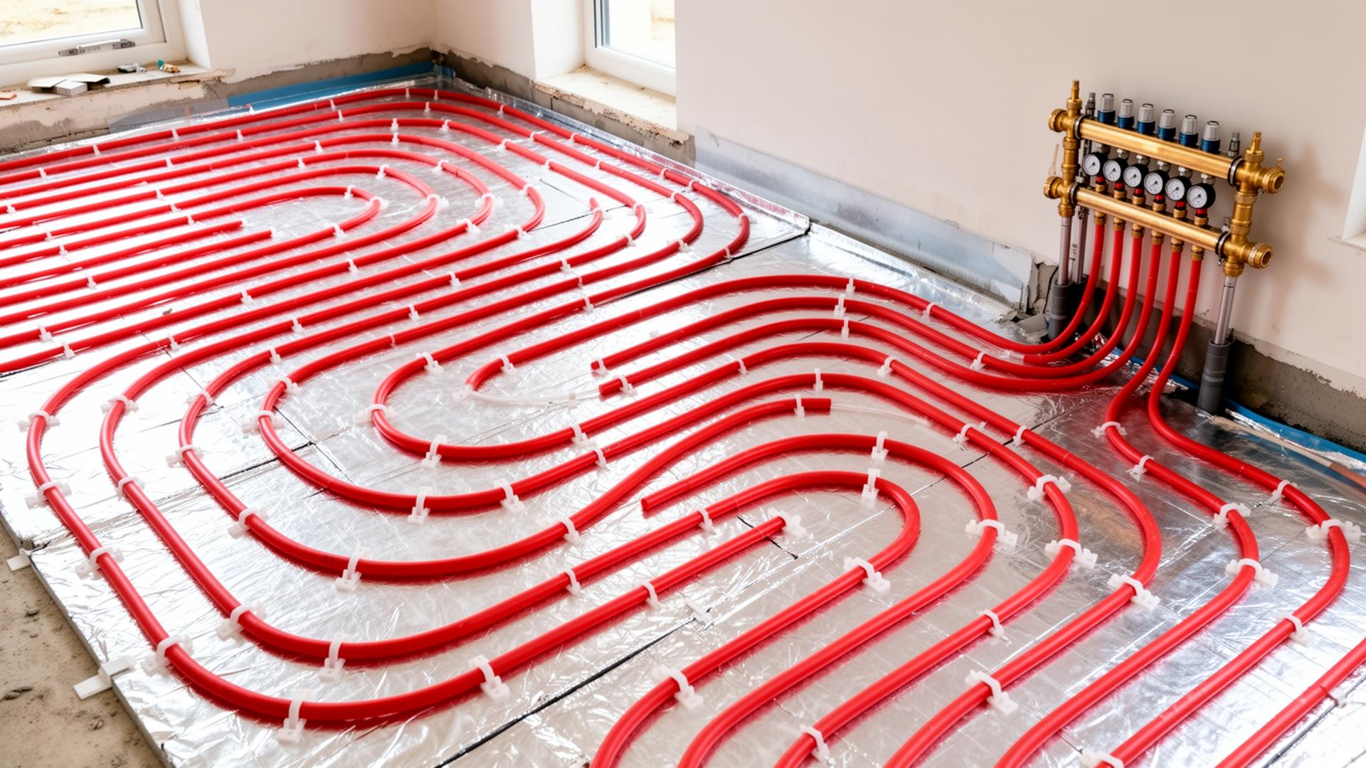 Wet underfloor heating installation with PEX pipework loops and brass manifold in a Surrey extension