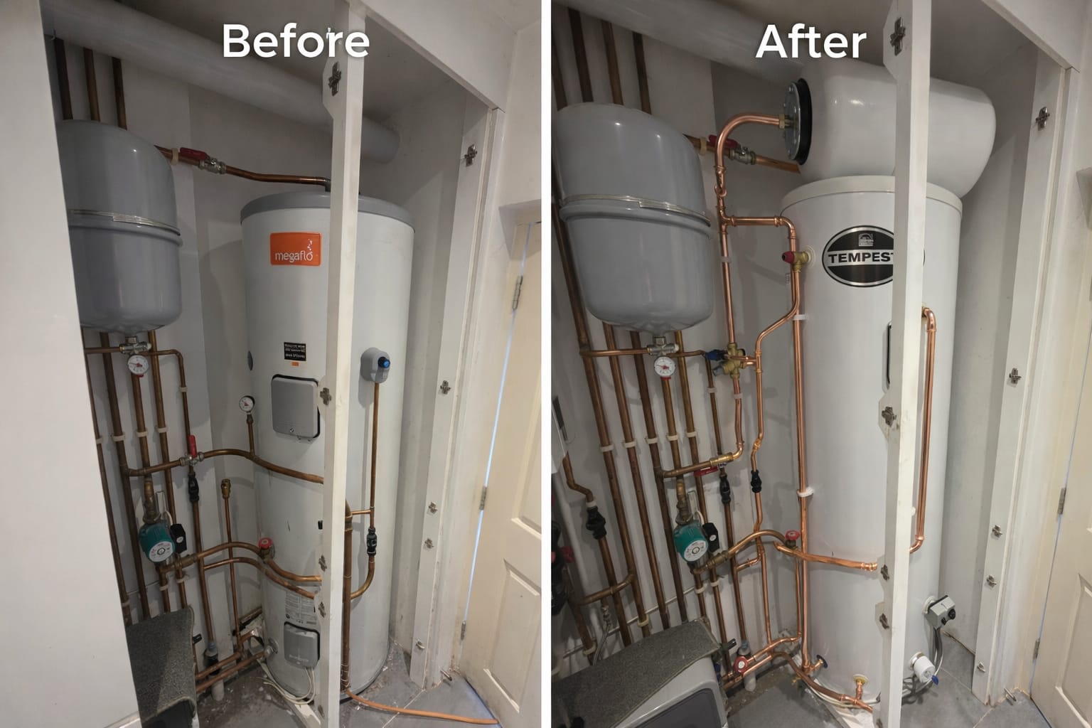 Before and after Megaflo to Tempest unvented cylinder upgrade by Weekes Plumbing