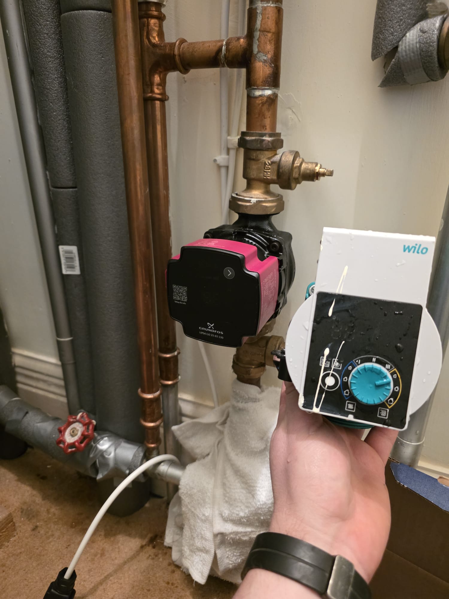 Failed Wilo central heating pump replaced with Grundfos UPS4 by Weekes Plumbing